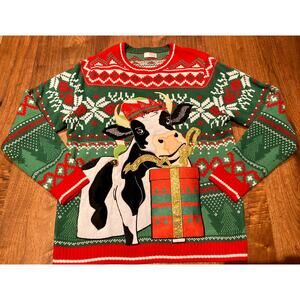 Holiday Time Cow Christmas Sweater L 42 Green Red Ugly Xmas Fair Isle Mens Teen